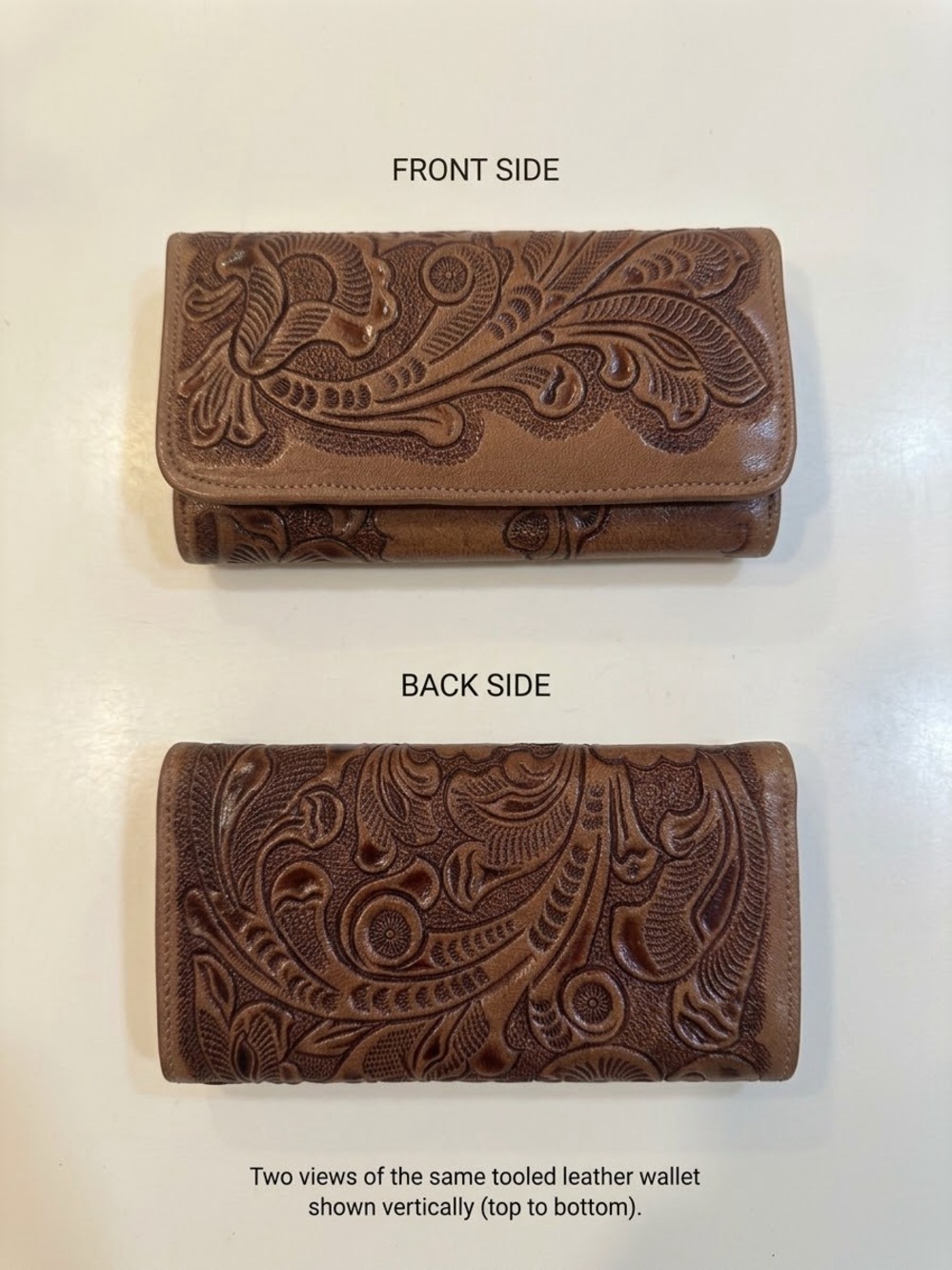 Hand-Tooled Leather Flap Wallet Western Floral Embossed Organizer NWOT